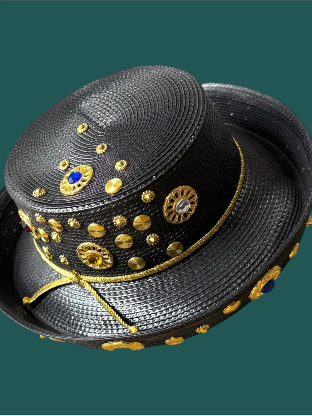 Vintage black Embellished Straw Wide-Brim Hat with Gold Accents